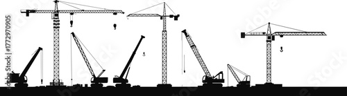 Construction cranes silhouette, heavy machinery on site, tower crane, mobile crane, crawler crane, lifting equipment, industrial skyline, engineering tools