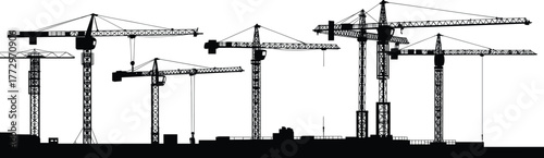 Construction cranes silhouette, industrial skyline, tower cranes at work, urban development machinery, heavy equipment, infrastructure building, engineering site, construction zone