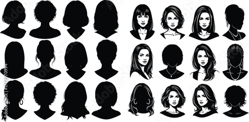 Diverse woman head silhouettes collection, female portraits with varying hairstyles and accessories set