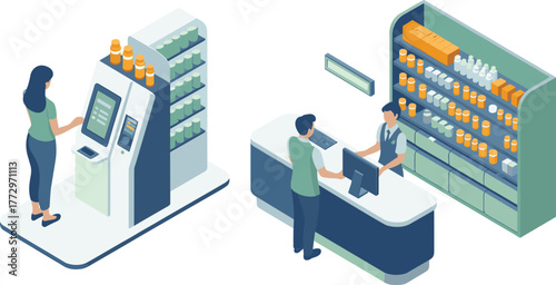 Isometric 3d illustration of modern pharmacy interior with pharmacist at counter, shelves with medicine, customer using self service machine