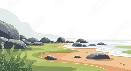 Coastal landscape illustration with rocks beach and ocean scenic view for travel and nature designs