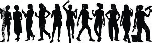 Women silhouette, diverse female roles, professions and hobbies, empowerment, unity, individuality, standing together, black outline, career, lifestyle, identity, feminism, equality,