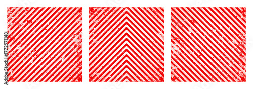 Warning sign with red and white diagonal lines. Attention, danger or caution symbol. Construction site signage, road safety notice, hazard banner, security alert shield. Vector illustration