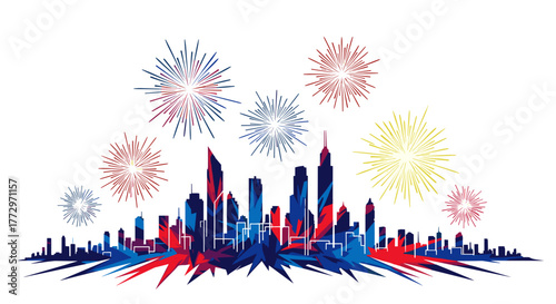 Cityscape celebration fireworks illustration for new year's eve or fourth of july festive event