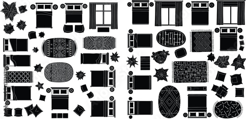 Flat lay of bedroom floor plan, furniture arrangement, and interior design elements
