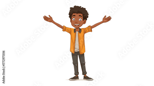 Cheerful African American Boy Standing with Open Arms Vector Illustration