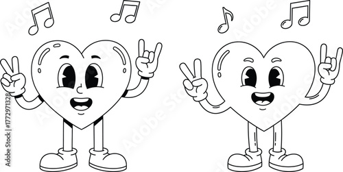 Groovy heart characters making hand gestures and musical note illustration, vintage line art