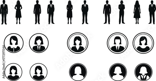 Collection of diverse silhouette portraits and full body figures representing people in business and formal attire