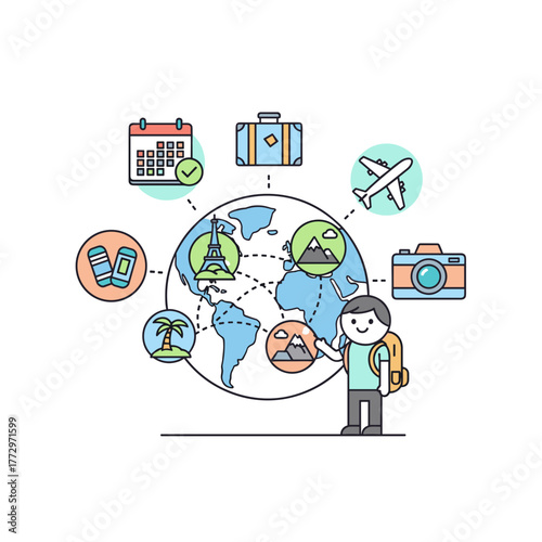 Person planning travel itinerary with globe and travel icons  