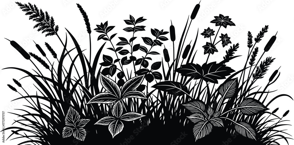 Φωτογραφία Silhouette of diverse wetland plants including cattails grasses and flowering fo