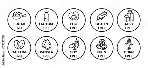 Set allergen free icons. Allergen free label products. Free lactose, gluten, sugar, corn, egg, trans fat, dairy, soy, nuts, caffeine, symbol, logo, badge, black, vector, isolated on white background.