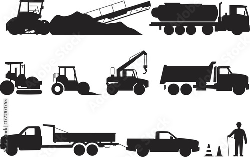 Construction vehicles, roadwork equipment, silhouette icons, heavy machinery, dump truck, crane truck, roller, loader, flatbed, pickup, worker, cones, infrastructure, transportation, industrial, black
