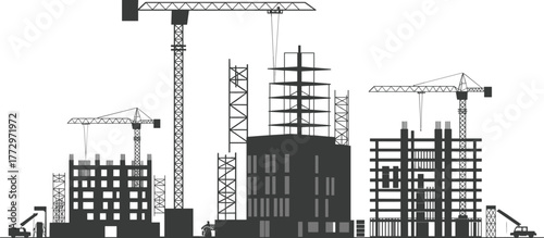 Construction site silhouette, urban development, tower cranes, building framework, scaffolding, construction workers, heavy machinery, architecture progress, city growth, engineering project
