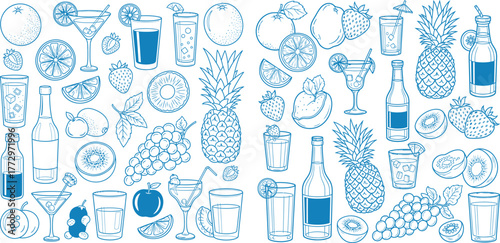 Line art pattern of tropical fruits and juice drinks, simple summer seamless pattern