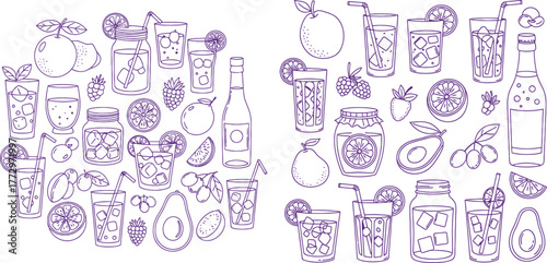 Line art illustration of cocktail drinks, fruits, and berries arranged on white background