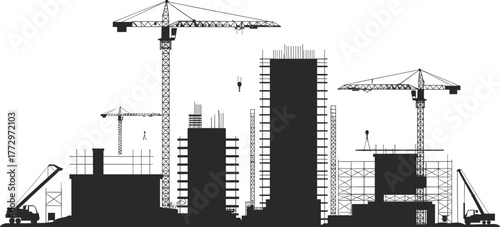 Construction site silhouette, urban development, tower cranes, high-rise buildings, scaffolding, excavators, civil engineering, architecture, infrastructure