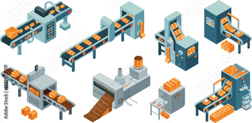 Isometric illustration of food production factory with automated machinery, conveyor belts, packaging process, industrial bakery, and manufacturing automation concept