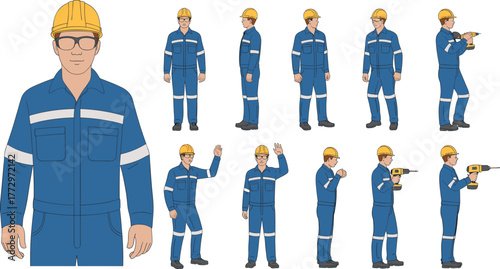 Construction worker in safety gear, blue uniform, hard hat, safety glasses, industrial job site, professional posture, occupational safety, equipment use, drill operation