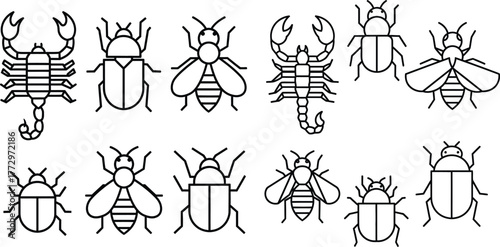 Minimalist insect outline set with scorpion, beetle, and bee illustration