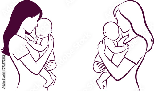 Mother holding baby in line art style for logo design, healthcare application