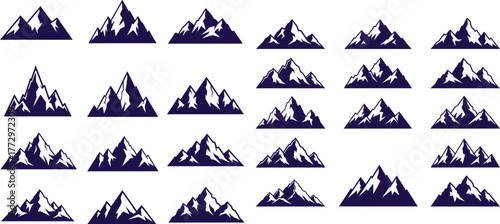 Mountain peaks set, simple mountain range silhouettes for adventure logo or outdoor designs