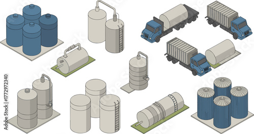 Isometric illustration of industrial storage tanks and transport trucks, chemical plant equipment, fuel containers, and logistics transportation infrastructure concept