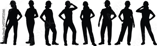 Construction workers silhouette, hard hat safety, industrial labor force, occupational safety gear, teamwork on site, black outline, workwear, standing poses