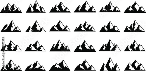 Collection of black silhouette mountain peaks and ranges on a white background vector illustration