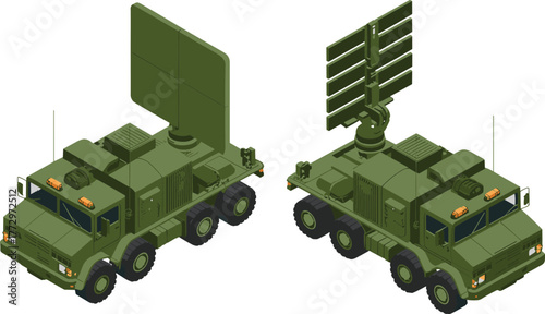 Isometric illustration of military radar trucks, mobile communication vehicles, defense technology transport, army surveillance system, tactical equipment concept design