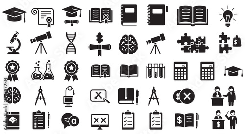 Education and science glyph icon set. Vector pictograms of atom, microscope, test tube, flask, telescope, dna, laptop, checklist, clipboard, black sign silhouette illustration