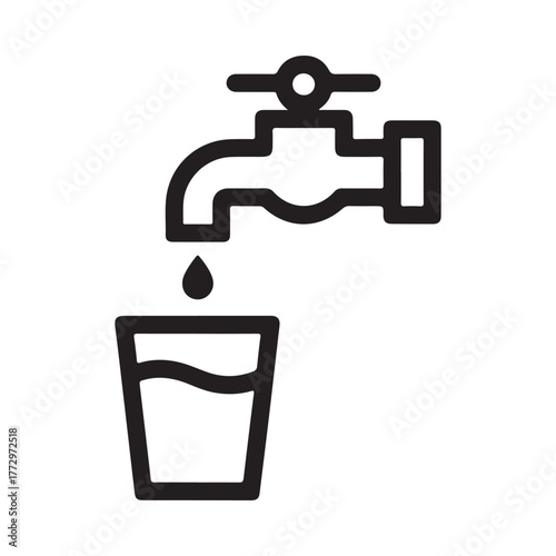 Simple line art icon of water dripping from a faucet into a glass