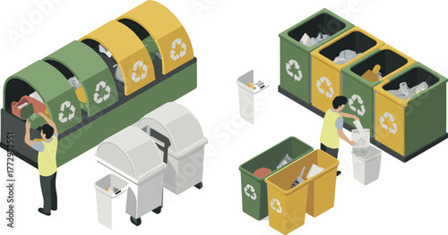Isometric illustration of people sorting waste into recycling bins, environmental conservation concept showing waste management, sustainability, and eco-friendly garbage separation