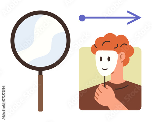 Magnifying glass paired with person holding a smiling mask, highlighting introspection, self-awareness, and identity. Ideal for psychology, personal growth, truth, concealment, analysis