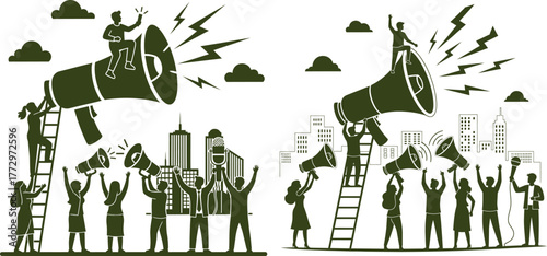 People silhouettes protesting with megaphones and microphone in front of city buildings scene