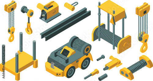 Isometric industrial machinery illustration, construction equipment tools and hoisting devices, heavy engineering components, factory production technology, mechanical industry concept