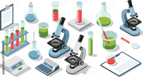 Isometric laboratory illustration with microscopes, test tubes, beakers, and scientific equipment representing research, chemistry, medical testing, and biotechnology concept