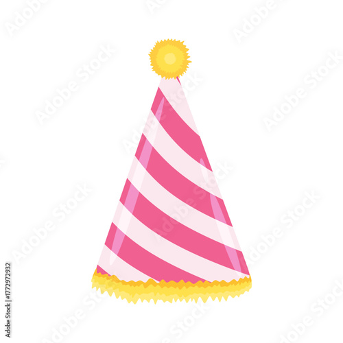 Birthday hat, party cap. Festive cone hat isolated. Funny holiday accessory for celebration. Striped paper head wear in cartoon style. Pointed headwear. Colored flat vector illustration