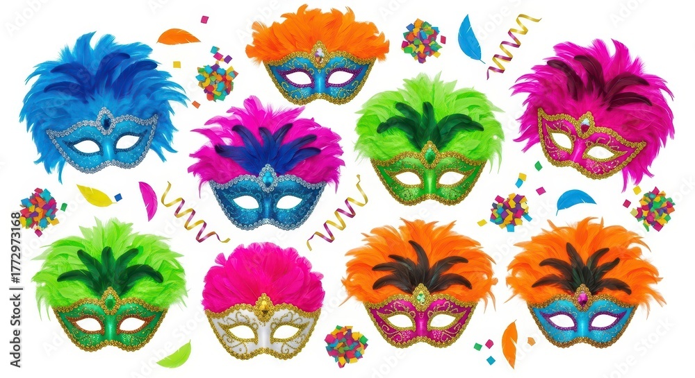 Fototapeta premium Carnival Clipart – Masks, Feathers, Confetti Isolated on White Background