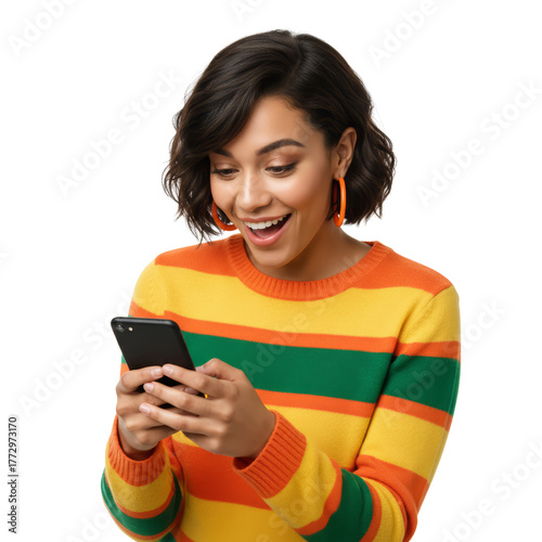 Enthusiastic woman captivated by her mobile device with a transparent design and cheerful expression