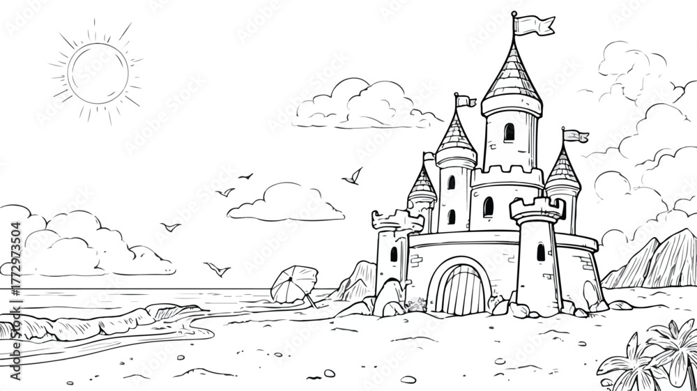 Fototapeta premium Colorful Sandcastle Summer Coloring Page for Happy Kids Activity