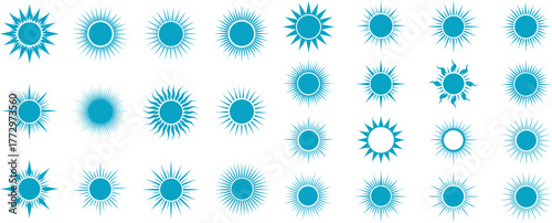Sunburst icons with diverse ray styles, summer sunshine symbols, design elements