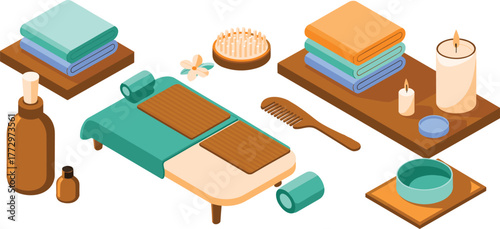 Isometric spa and wellness illustration with woman on massage table, relaxation accessories, essential oils, towels, candle, and beauty care tools