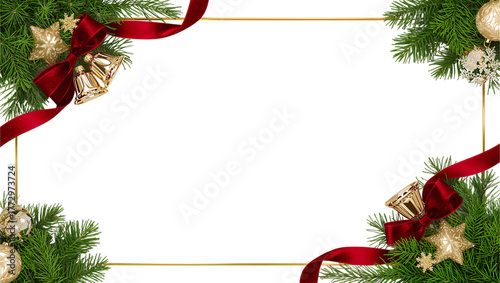 Elegant Christmas frame with red ribbons, golden bells and pine branches, luxurious festive decoration without background