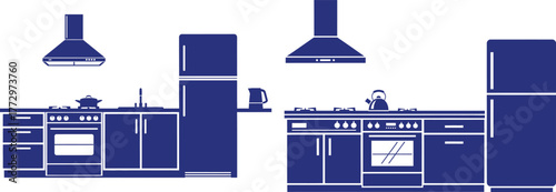 Two kitchen setups with appliances and cabinets in modern flat art style
