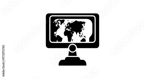 Computer monitor displaying a world map in a stylized graphic