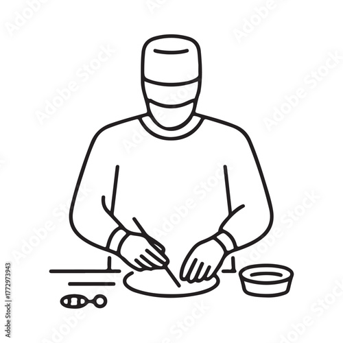 Surgeon in scrubs performing a medical procedure with surgical instruments