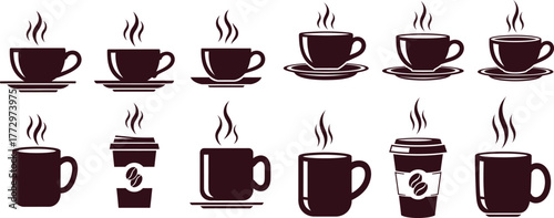 Variety of coffee cups with steam and beans illustrations