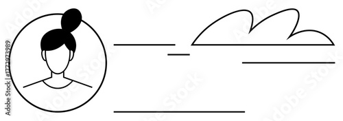 Womans head outline with bun inside a circular frame, accompanied by abstract lines and cloud forms. Ideal for identity, profile, connection, creativity, simplicity, user interface, personal