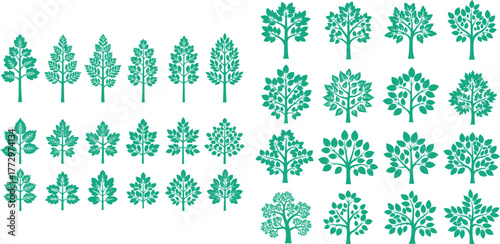 Various trees collection set with different leaf designs and styles, format