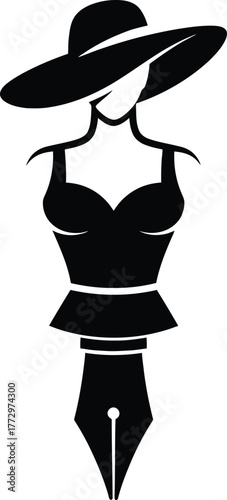 elegant fashion writer pen nib logo, glamorous woman hat, creative author vector